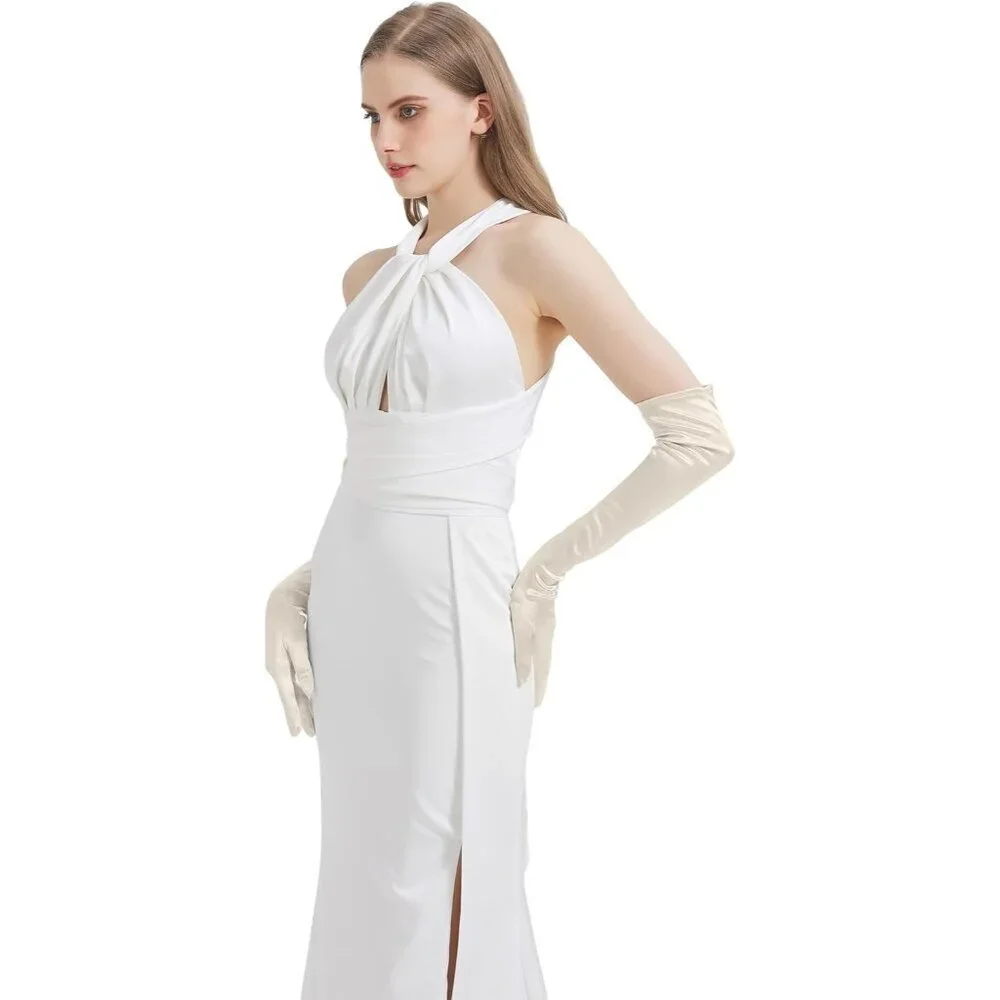 Women's Champagne Long Imported Satin Elbow Length Halloween Cosplay Opera Glove